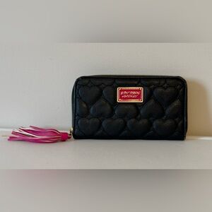Betsey Johnson Black Quilted Heart Wallet with Pink Tassel and Gold Plaque